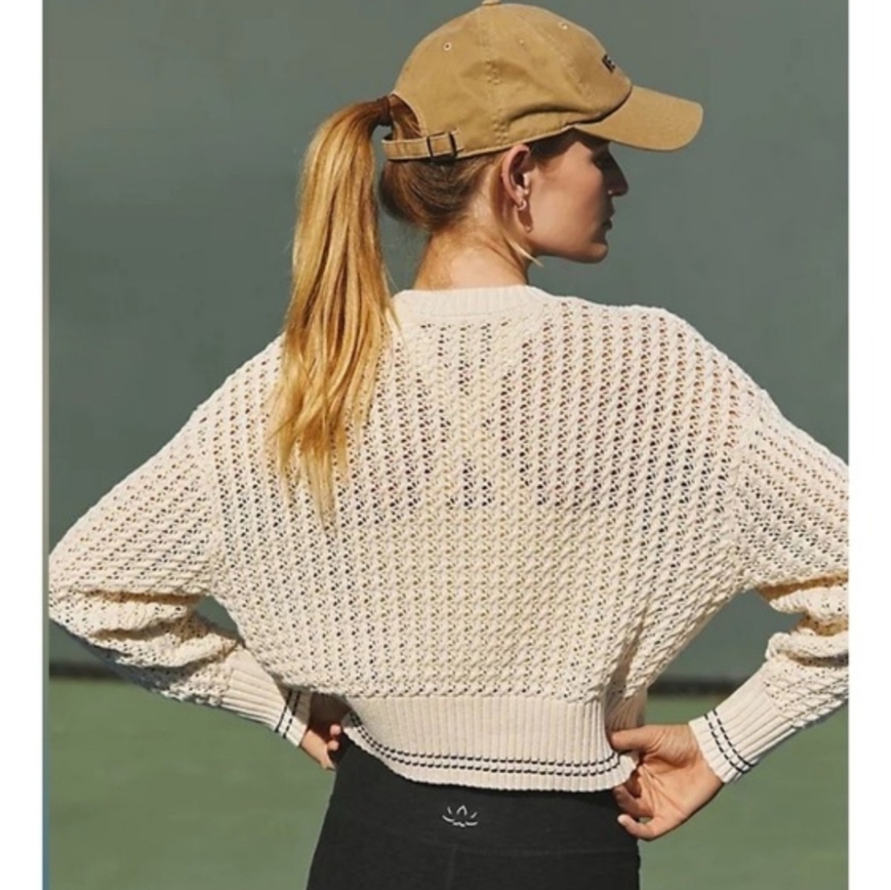 Varley Fox Knit Cream Open-Knit Cropped Crew with Black Trim